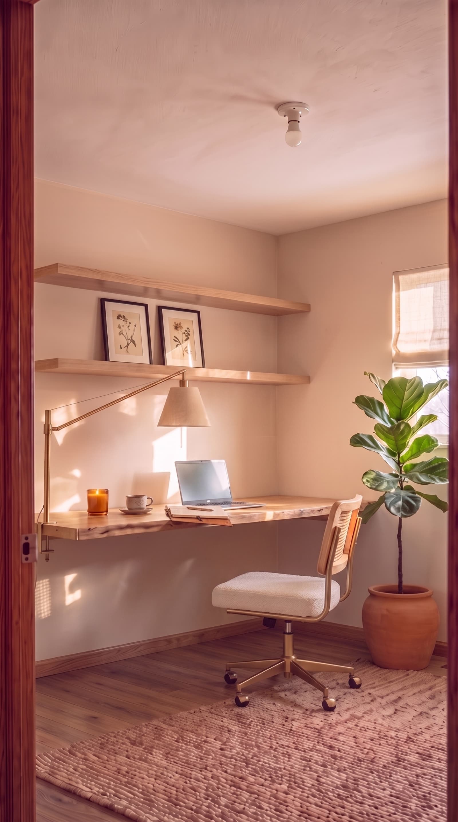 A cluttered home office, redesigned as a Modern Organic workspace